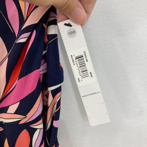 New Maggy London size 16W Multi Color Leaf Stretch Wrap Belted Dress Feminine - Picture 3 of 11
